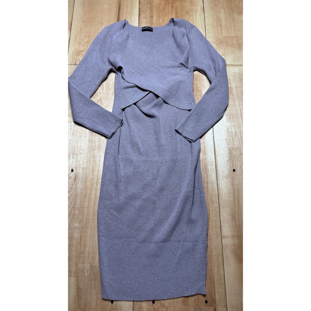 SHEIN Womens Mauve Ribbed Knit Criss Cross Wrap V-Neck Midi Bodycon Dress Large